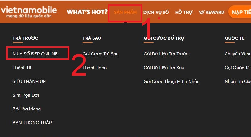 Chọn Mua số đẹp online trong menu Sản phẩm