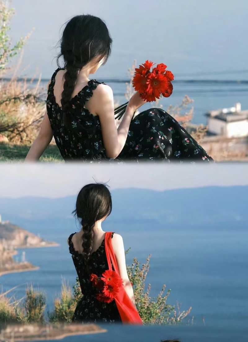 Ảnh đi biển chụp sau lưng - Cầm hoa trên biển