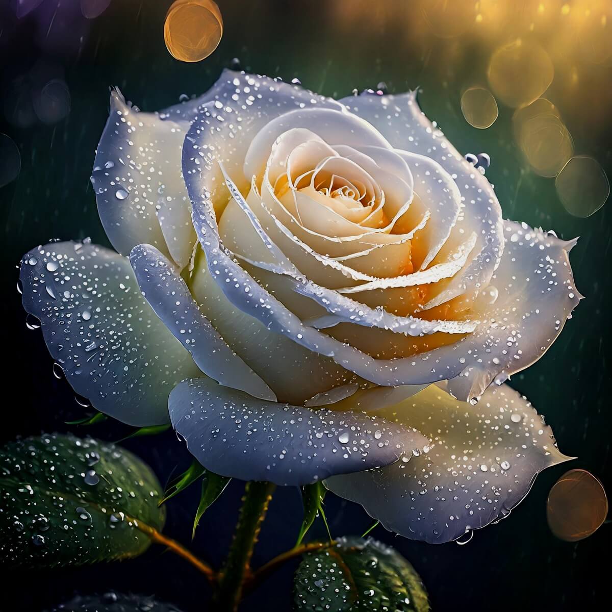 Bông hoa hồng trắng nở rộ sương sớm