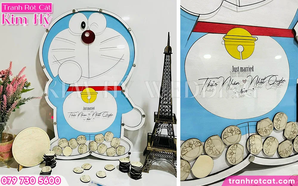 Tranh ký tên thả tim Doraemon có thể làm món phụ kiện decor trong nhà sau lễ cưới