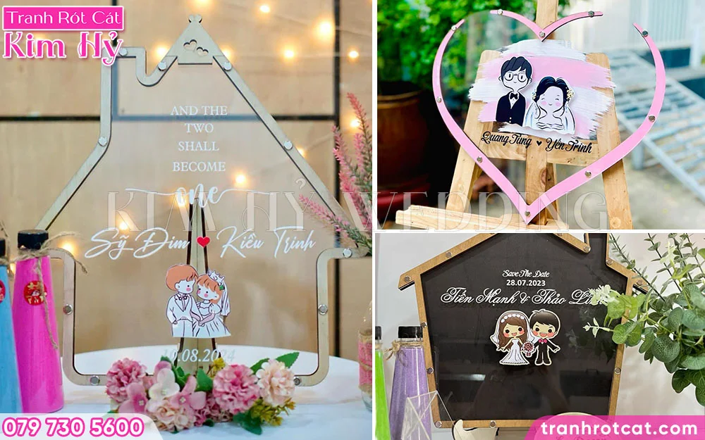 Vẽ Line Art hình Chibi dễ thương bắt trend trên tranh rót cát Kim Hỷ Wedding