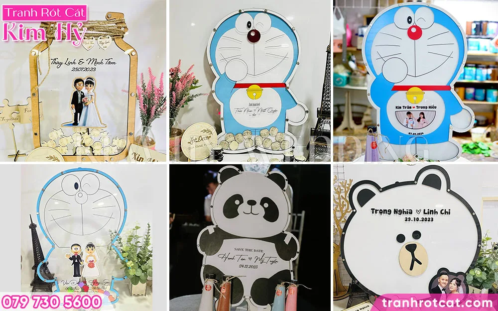 Các dòng tranh rót cát kiểu dáng doraemon, hình gấu đẹp giá từ 695k chỉ có tại Kim Hỷ Wedding