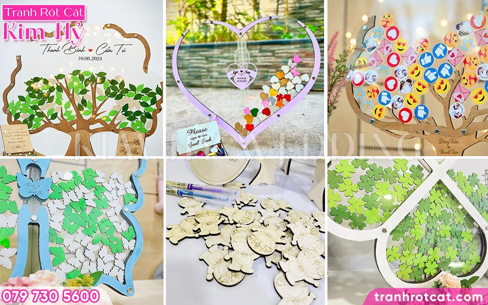 Mẫu chip gỗ ký tên tranh thả tim tại Kim Hỷ Wedding