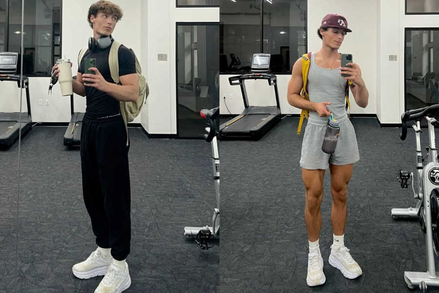 Chụp ảnh cùng phụ kiện như balo hay túi xách khi tập gym cũng là gợi ý thú vị cho nam