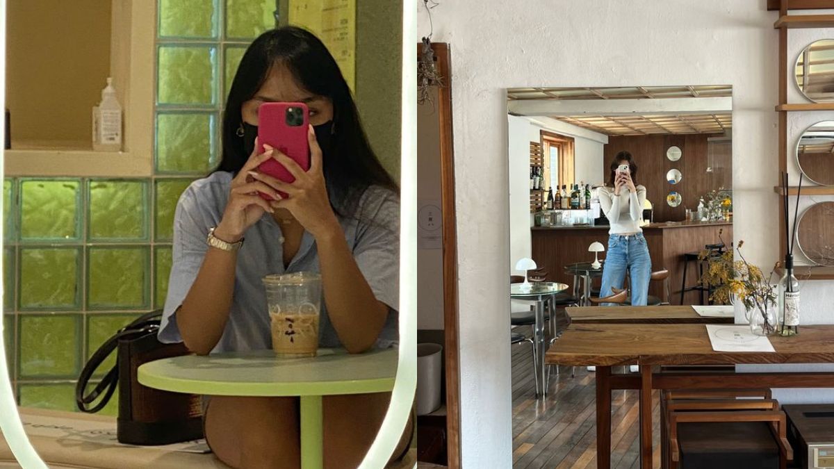 Tạo dáng trước gương trong quán cafe