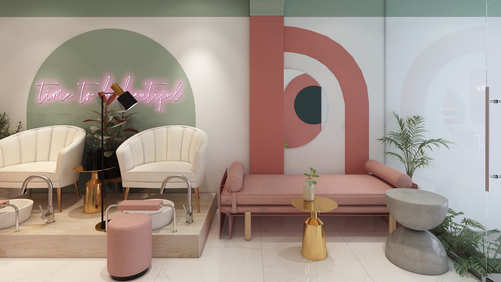 Khu vực chờ thoải mái với ghế sofa mềm mại và tạp chí nail sẽ giúp khách hàng thư giãn trong thời gian chờ đợi.