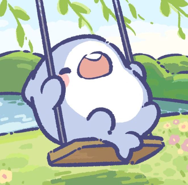 Cá mập anime ngồi xích đu bên hồ thư giãn