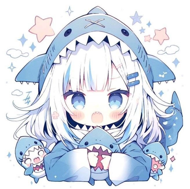 Chibi cá mập anime ôm búp bê cá mập dễ thương