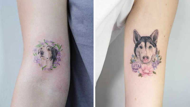 Hình xăm con chó kết hợp cùng với hoa
