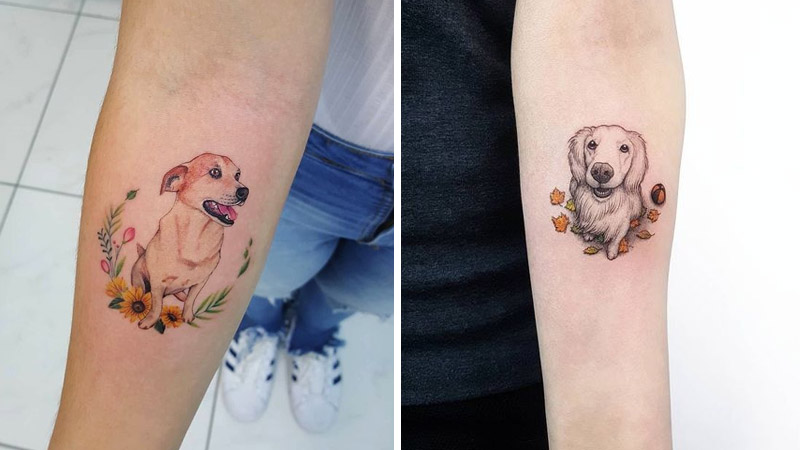 Kết hợp với hoa khiến cho hình xăm con chó thêm nhẹ nhàng hơn
