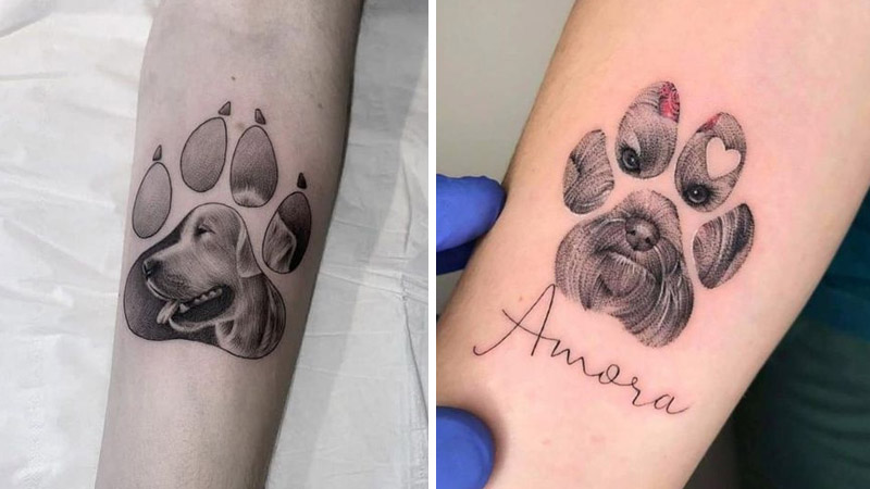 Hình xăm con chó kết hợp cùng dấu chân chó