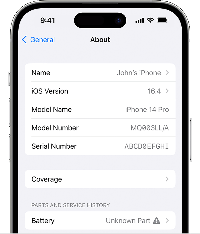 Màn hình Cài đặt > Giới thiệu với lịch sử bảo dưỡng và linh kiện