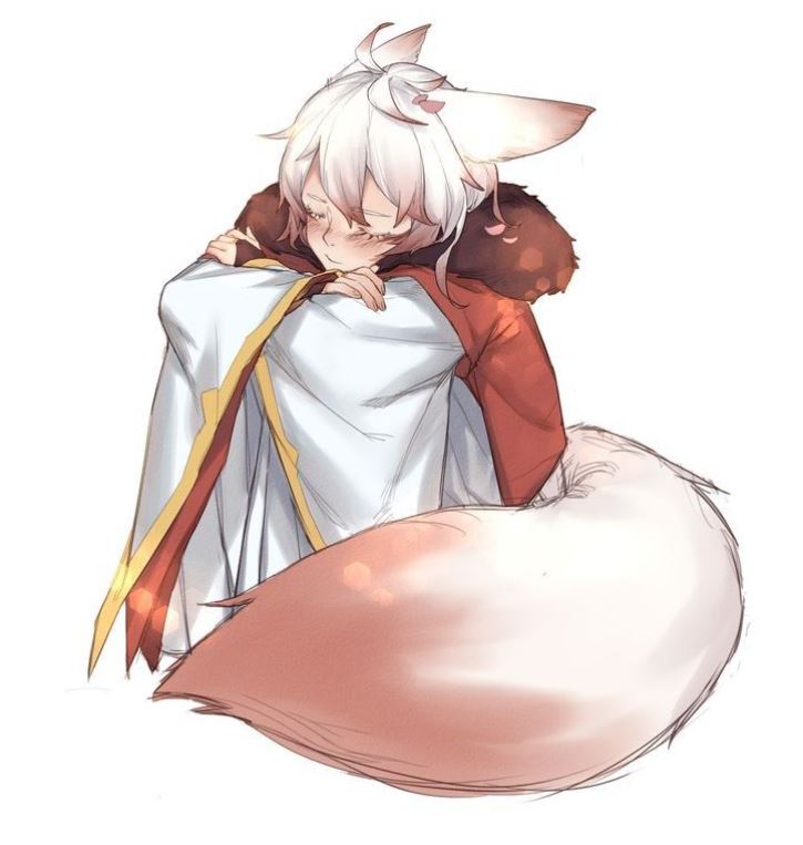 Hồ ly anime buồn bã ôm chiếc áo choàng