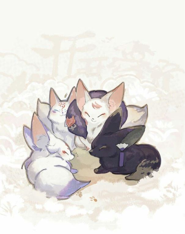 Đàn hồ ly anime đang quây quần ngủ