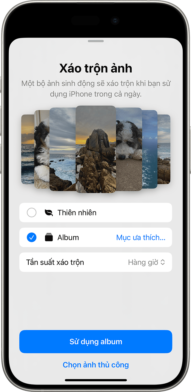 Bạn có thể đặt màn hình Xáo trộn ảnh làm Màn hình khóa của iPhone nếu muốn hiển thị nhiều ảnh luân phiên sau một khoảng thời gian.