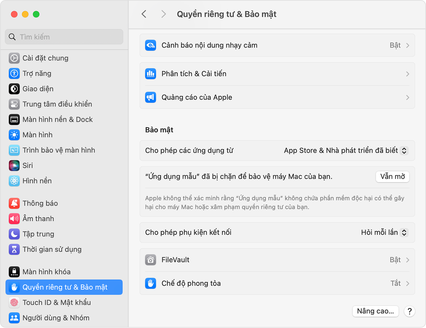 Trong Cài đặt hệ thống, chọn mở ứng dụng bất kể cảnh báo bảo mật như thế nào nếu bạn chắc chắn rằng ứng dụng đến từ một nguồn đáng tin cậy.