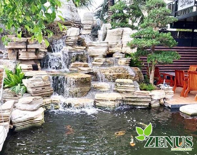 Thi công thác nước phong thủy hồ koi