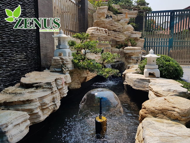 Thi công thác nước hồ koi bo đá cổ thạch