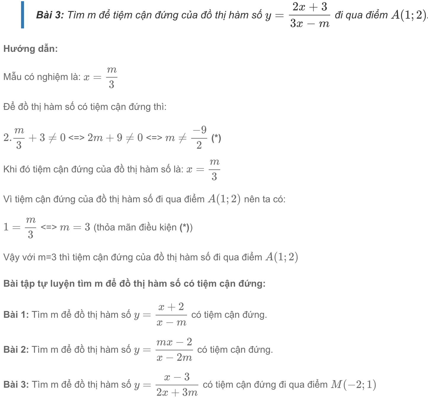 Tìm m để hàm số có đường tiệm cận đứng