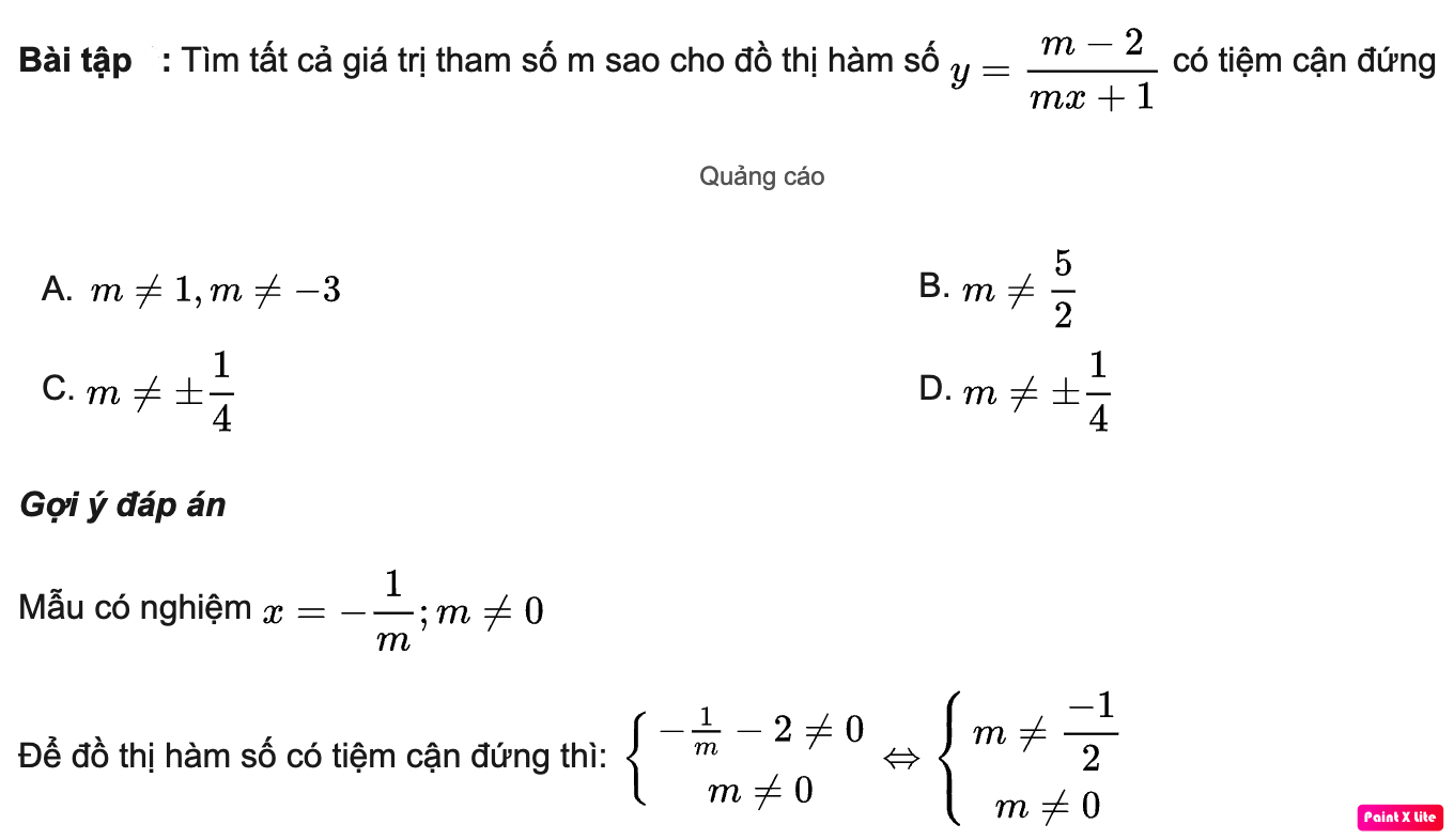 Tìm tất cả giá trị của m để hàm số có tiệm cận đứng