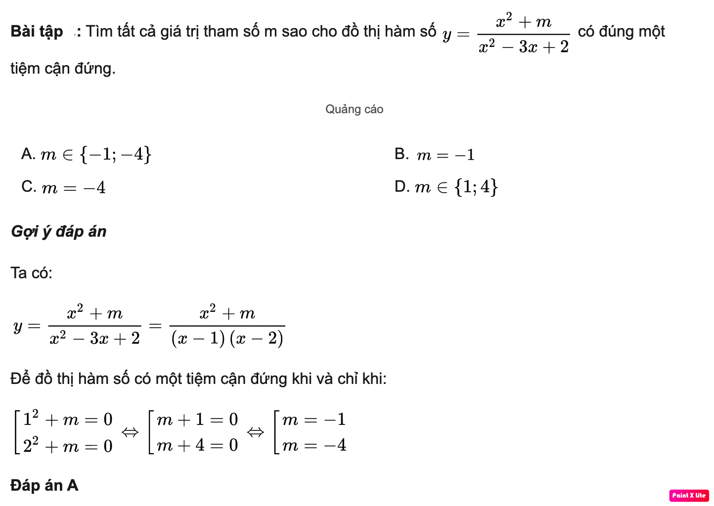 Tìm m để hàm số có 1 tiệm cận đứng