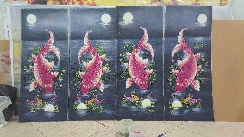 tranh đá quý lý ngư vọng nguyệt