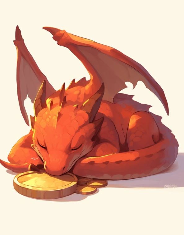 Rồng anime đỏ đang ngủ cạnh kho báu nhỏ