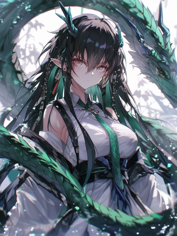 Thiếu nữ rồng anime tóc đen và lục long