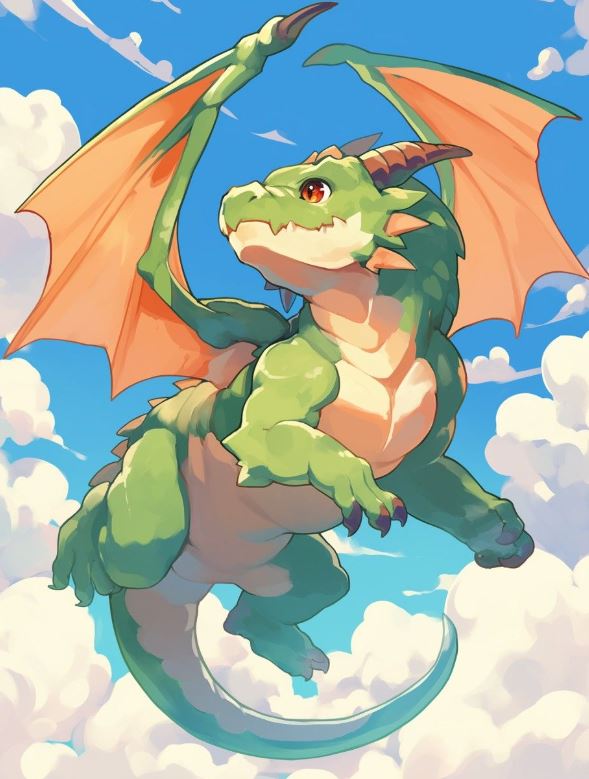 Rồng anime xanh lá bay giữa trời mây