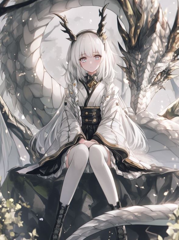 Thiếu nữ nhỏ nhắn ngồi cùng rồng anime trắng