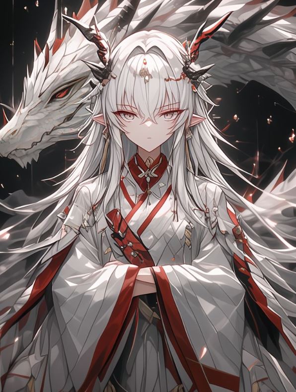 Cô gái rồng anime bạch kim trong bộ kimono đỏ