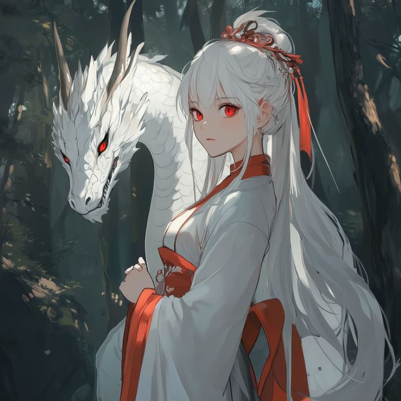 Rồng anime trắng với ánh mắt đỏ đáng sợ