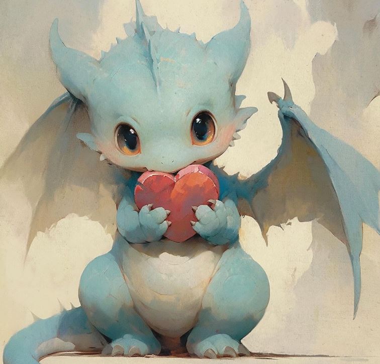 Rồng anime dễ thương cầm trái tim đỏ