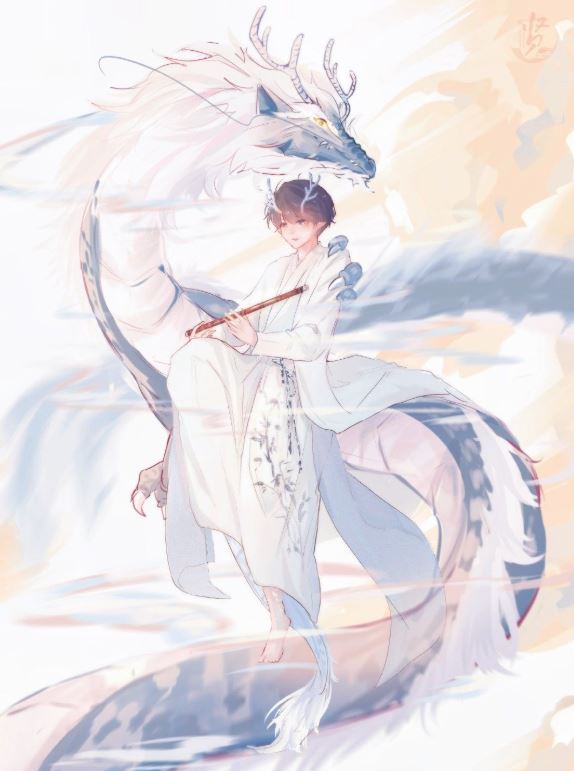 Rồng anime trắng bay lượn giữa làn sương mờ