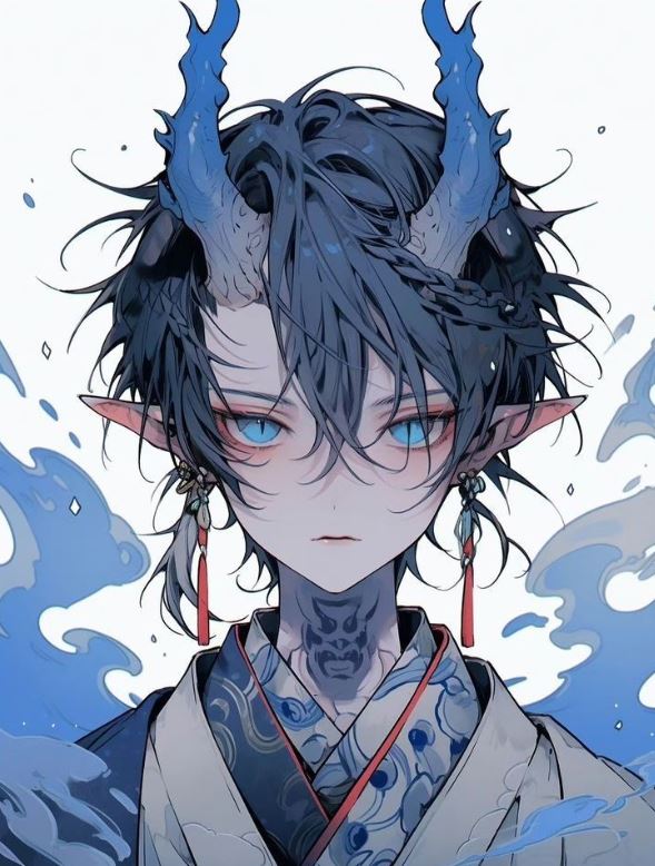 Rồng anime áo choàng lam và ánh mắt u sầu