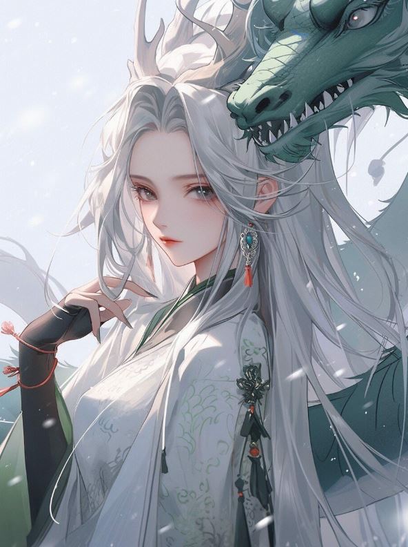 Thiếu nữ anime tóc bạc cùng rồng xanh