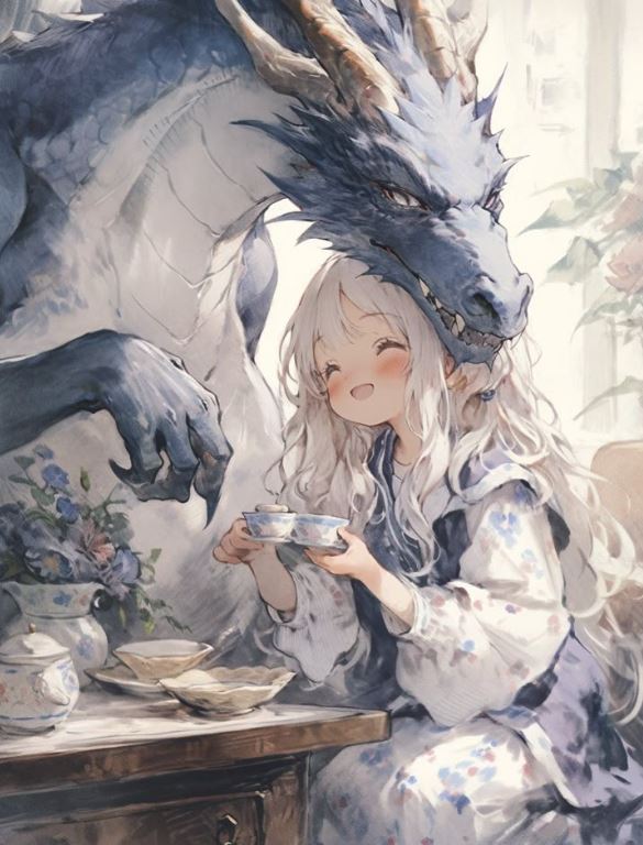 Uống trà cùng rồng anime trong sáng sớm