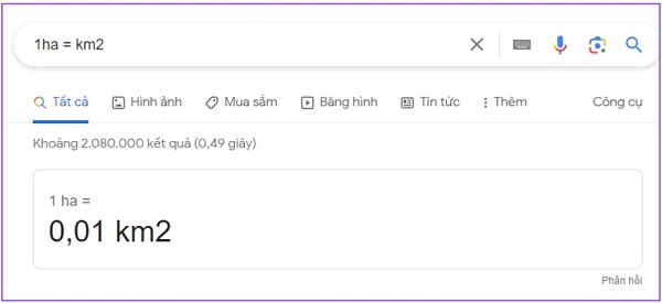 Sử dụng công cụ tìm kiếm để tính 1ha bằng bao nhiêu mét vuông