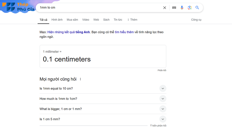 Nhấn tìm theo công thức “X mm to Y”