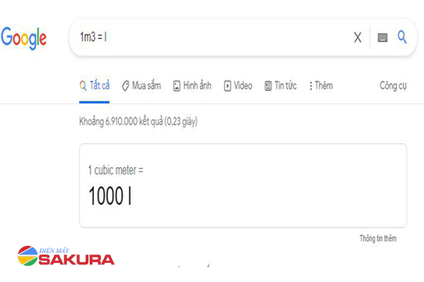Sử dụng Google chuyển đổi 1 khối nước bao nhiêu lít