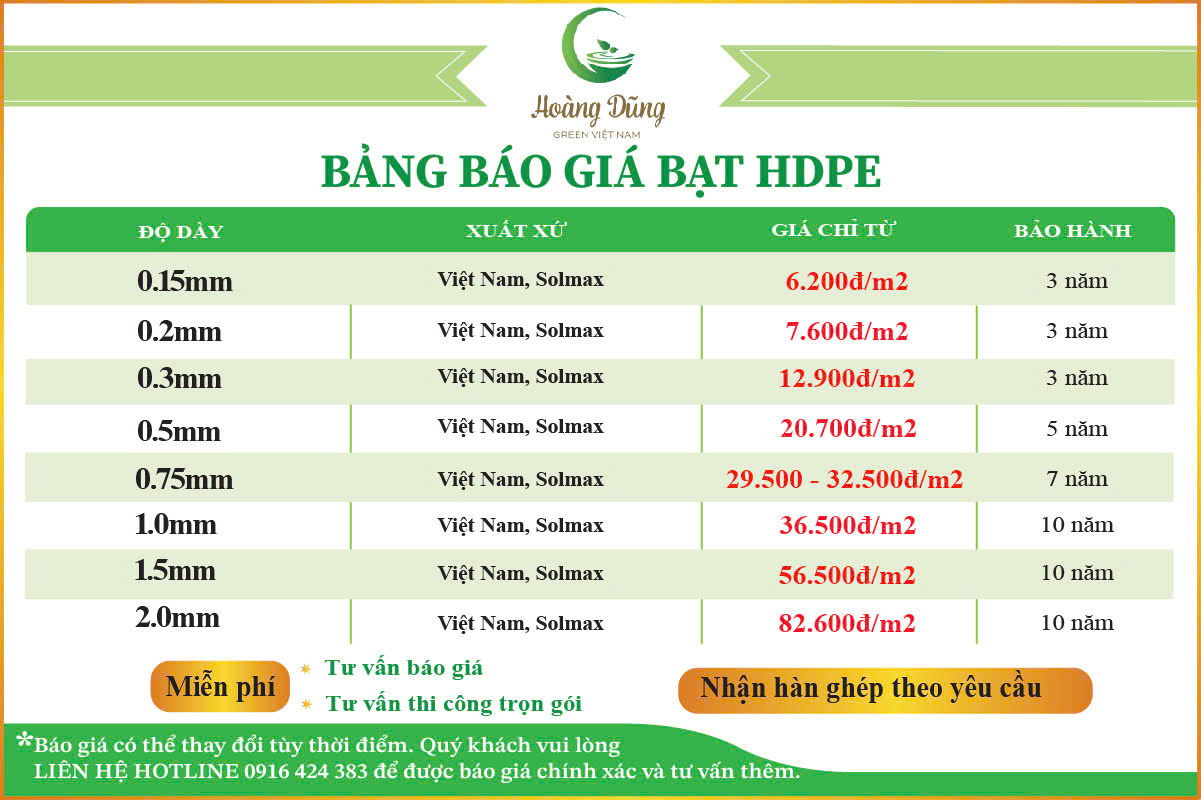 bảng báo giá bạt HDPE