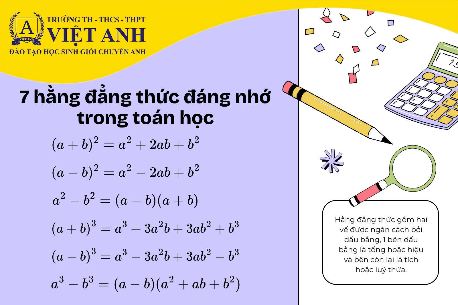 Công thức cụ thể của 7 hằng đẳng thức đáng nhớ