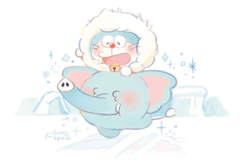 Doraemon cưỡi voi con chơi đùa giữa băng tuyết