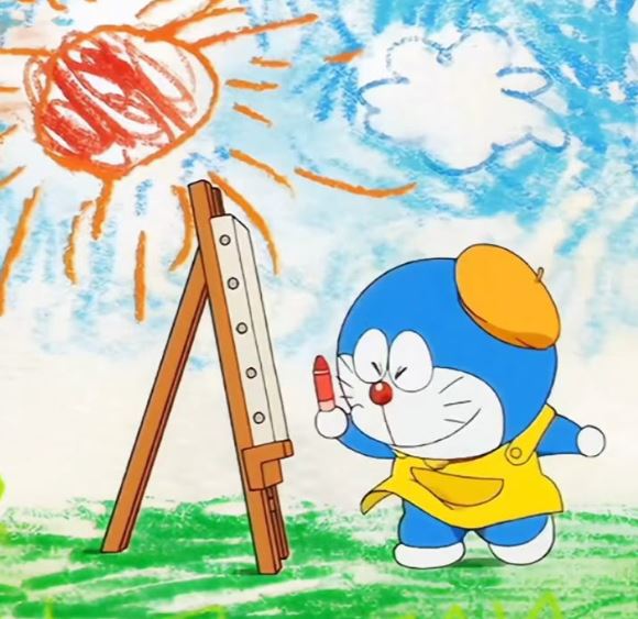 Doraemon vẽ tranh với nắng vàng và bầu trời xanh