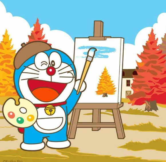 Doraemon vẽ tranh với nắng vàng và bầu trời xanh