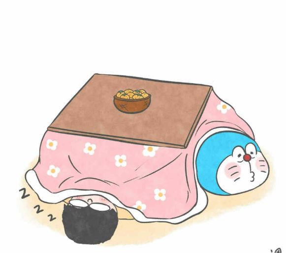 Nửa Doraemon trốn dưới bàn sưởi ấm cùng bạn