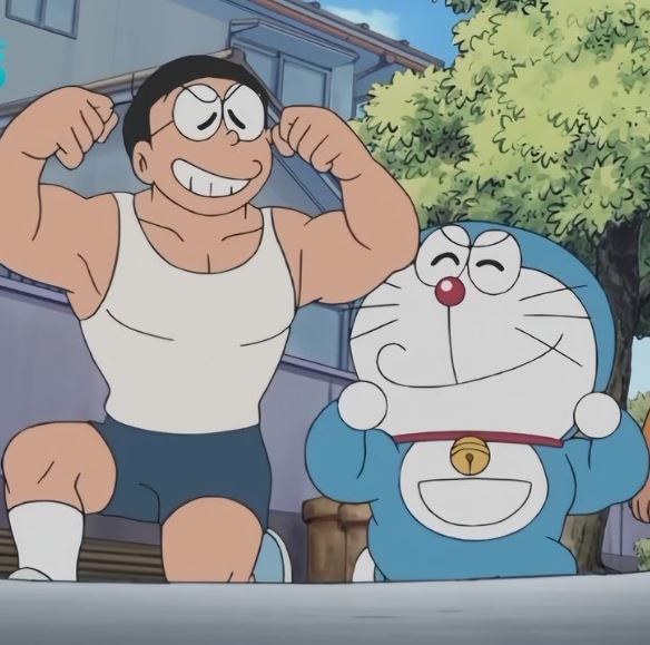 Doraemon ngạc nhiên với cơ bắp của Nobita