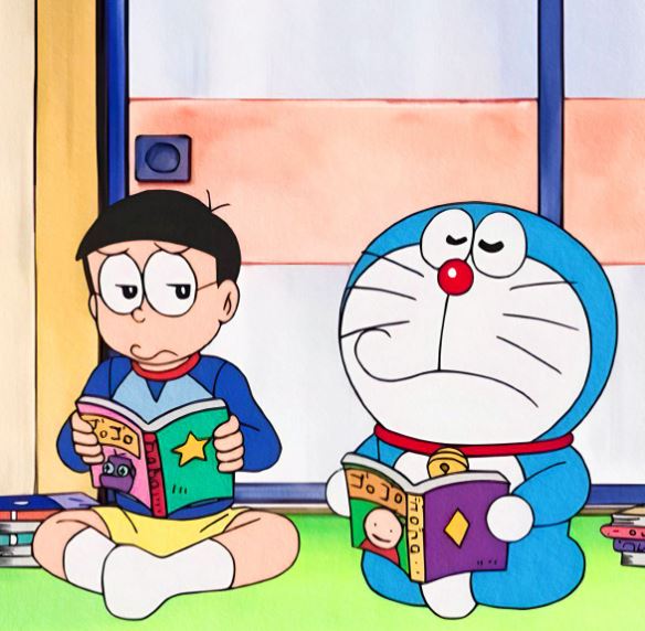 Hai bạn Doraemon và Nobita cùng đọc truyện