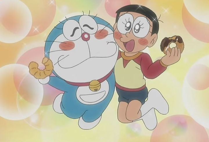Doraemon và Nobita vui sướng vì có bánh