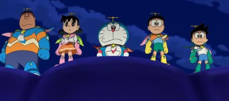 Nhóm Doraemon nhìn xuống vách đá đầy căng thẳng
